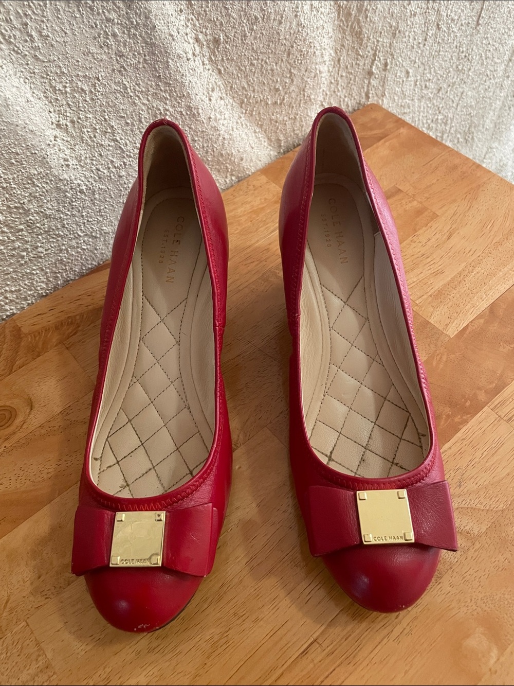 Cole Haan Women's Red Leather Bow Ballet Wedges